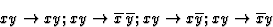 \begin{displaymath} xy \rightarrow xy; xy \rightarrow \overline{x}\,\overline{y}; xy \rightarrow x\overline{y}; xy \rightarrow \overline{x}y\end{displaymath}