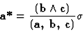 \begin{displaymath} \textbf{a*} = \frac{(\textbf{b} \wedge \textbf{c})}{(\textbf{a, b, c})} \sigma\end{displaymath}