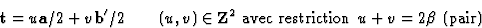 \begin{displaymath} \textbf{t} = u\textbf{a}/2 + v\textbf{b}^{\prime}/2 \qquad (... ...bf{Z}^2 \mbox{ avec restriction } u + v = 2\beta \mbox{ (pair)}\end{displaymath}