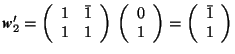 $\mbox{\textit{\textbf{w}}}'_2= \left( \begin{array}{rr} 1&\bar{1} \\ 1& 1 \end{... ... 1 \end{array} \right)= \left( \begin{array}{r} \bar{1}\\ 1 \end{array} \right)$