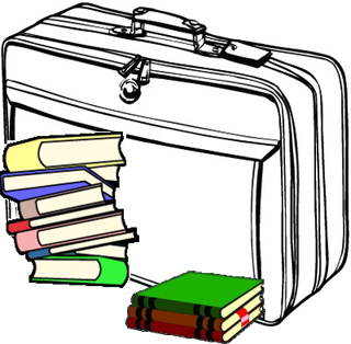 [Suitcase and books]