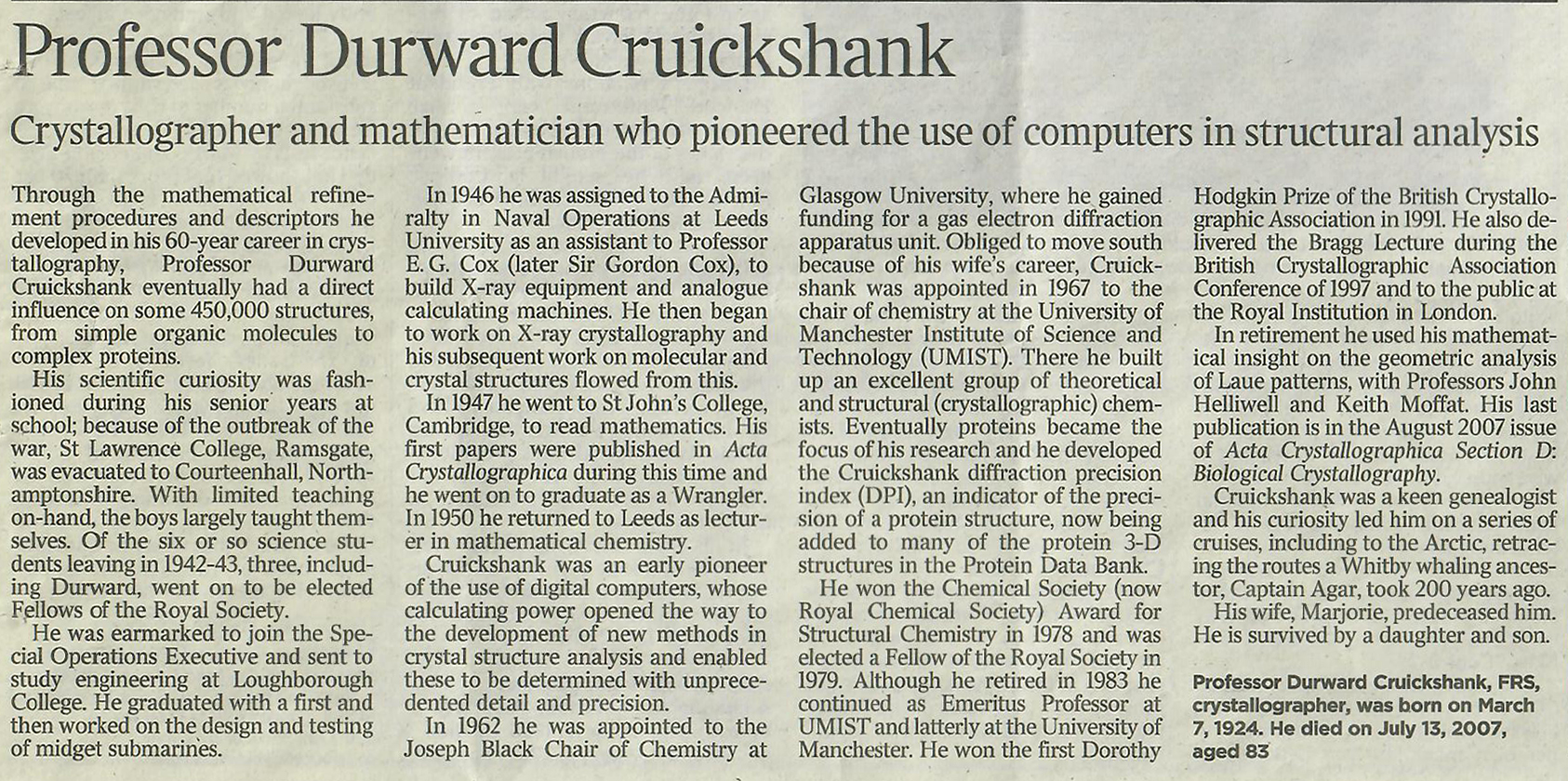 [Obituary of Durward Cruickshank]