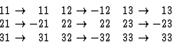 \begin{displaymath} \begin{array} {ccc} 11 \rightarrow \phantom{-}11 & 12 \right... ... & 32 \rightarrow -32 & 33 \rightarrow \phantom{-}33\end{array}\end{displaymath}