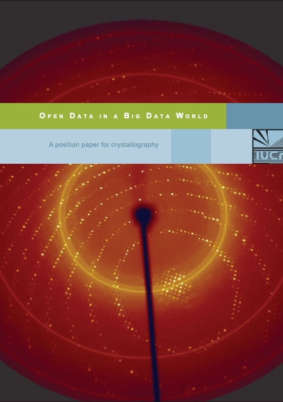 Open Data in a Big Data World: book cover with IUCR logo, image and subtitle 'a position paper for crystallography'