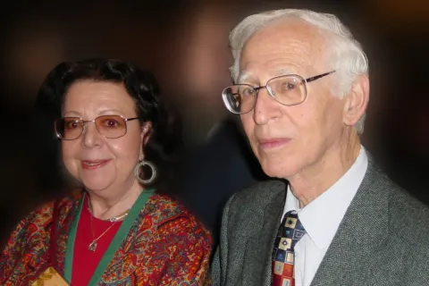 Liebe and Aaron Klug in 2003 in Cambridge at the 50th anniversary celebrations of the double helix, photograph by I. Hargittai