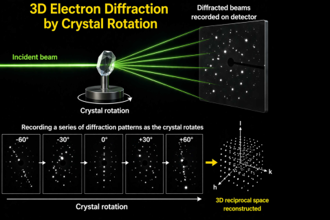 Illustration of a 3D-ED experiment where diffraction patterns are taken during the rotation of crystal in order to reconstruct the 3D reciprocal space. The image was generated with the help of ChatGPT by OpenAI.