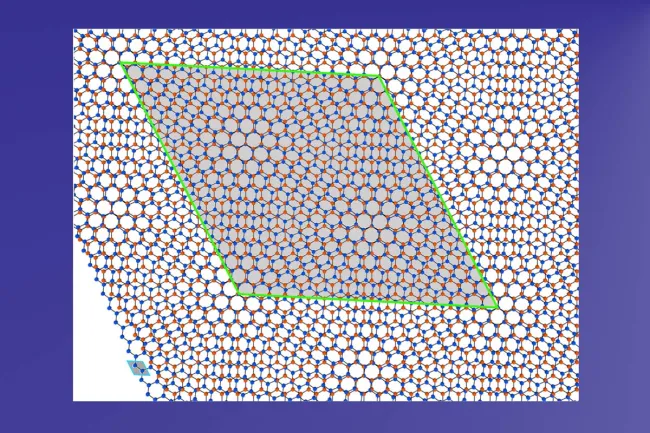 Figure 1. Bilayer system consisting of two graphene monolayers (red and blue) at a twist angle of 6.0°. The unit cell of a monolayer (small blue rhomb) and the resulting moiré crystal (green rhomb) are shown.